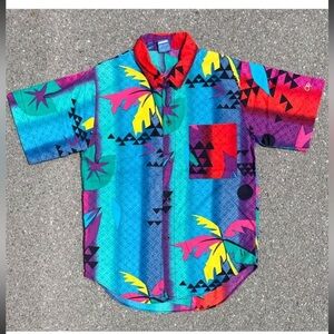 Vtg 80s OP Ocean Pacific Neon Palm Geometric Camp Shirt P to P: 19.5” L: 27.5”